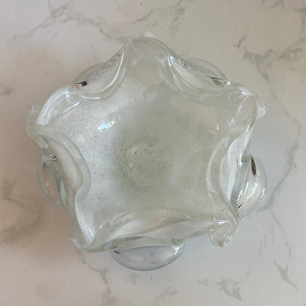 White & Clear Handblown Art Glass Bowl 7" Ruffled Swirl Rim Murano Style